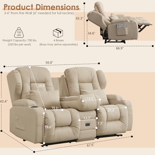Image of SAMERY 67.6 inch RV Loveseat Recliner Double Recliner RV Sofa & Console | Wall Hugger Loveseat Reclining RV | RV Theater Seats | RV Couch | RV Home Theater Seating Furniture (Fabric Beige)