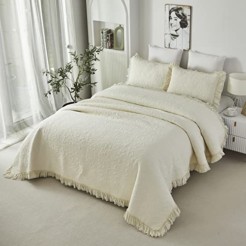 Brandream 20230516QS001 Cream Yellow White Quilt Set Queen Size Cotton Matelasse Bedding Luxury Ruffle Bedspread 3-Piece thumb #3