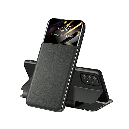 QINOUK Étui pour Samsung Galaxy A52, [Antichoc] Étui intelligent à rabat en cuir PU, affichage sur le dessus, petite fenêtre [1 fte] [Fonction support] Compatible avec Samsung Galaxy A52-Noir