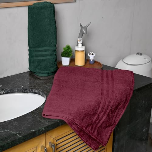 Image of Divine Casa 100% Cotton Bath Towel Set of 2, 550 GSM Ultra Soft Highly Absorbent Thick Towels, Large 75 x 150 cm, Maroon & Green Combo