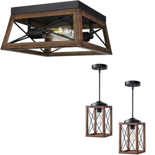 DEWENWILS Farmhouse Pendant Light, Metal Hanging Light Fixture with Wooden Grain Finish, Farmhouse Flush Mount Ceiling Light with Wood Grain Finish
