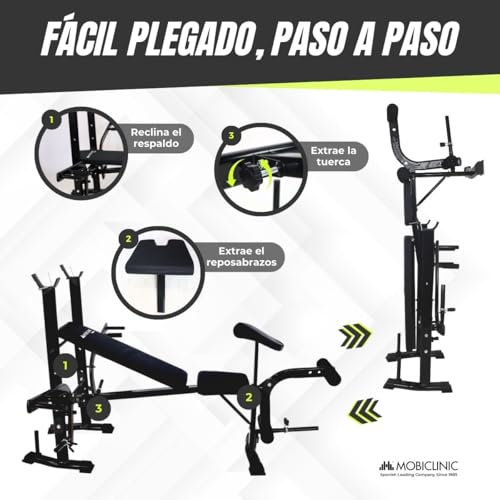 Mobiclinic® fitness, Banco de musculación multifuncional, Pressfit, Ajustable, Plegable, Acero, Soporta hasta 250 kg, Soporte para barras, Ideal ejercicios fuerza en casa - imagen 3