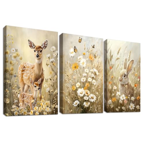 Set of 3 Cadre en Bois Impression sur Toile Lapin de Pâques Tableau Image sur Toile Lapins de...