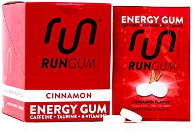 RUN GUM Cinnamon Energy Gum 50mg Caffeine Taurine & B-Vitamins Per Piece, 24 Pieces (Pack of 12), 2 Pieces = 1 Coffee or Energy Drink, Sugar Free, Zero Calorie