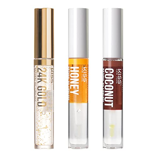 Kiss New York 3 PACK Lip Oil Gloss, Hydrating Non-Sticky Lip Oil, 100% Natural Oil Clear Lip Gloss, Lightweight Lip Moisturizer (Gold & Honey & Coconut)