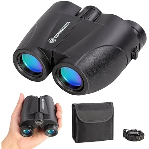 BRESSER 10x25 Binoculars for Adults and Kids, Folding Compact Binocular with Weak Light Vision, Lightweight Small Binoculars for Bird Watching, Travel, Concerts, Hunting, Hiking, Black Cover