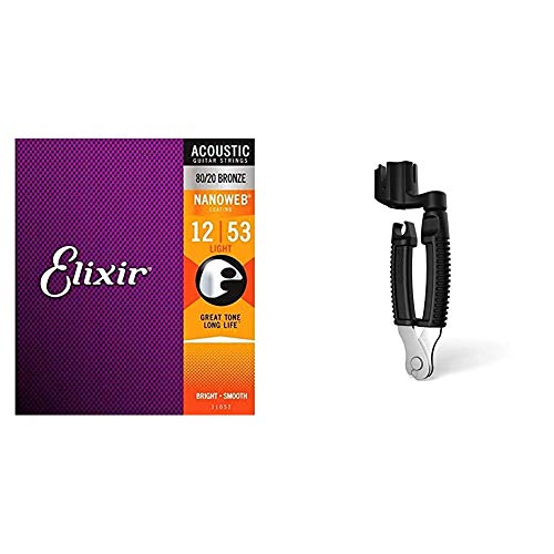 Elixir Strings 80/20 Bronze Acoustic Guitar Strings w NANOWEB Coating, Light (.012-.053) & D'Addario Accessories, 0 Guitar String Winder, Black, 0 (DP0002)