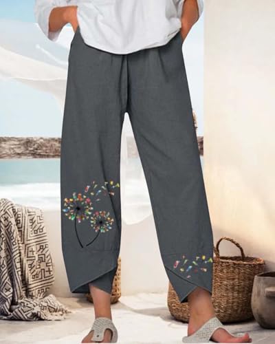 Cotton Linen Capri Pants for Womens Casual Summer Printed Waist Wide Leg Palazzo Cropped Baggy Trousers with Pockets3