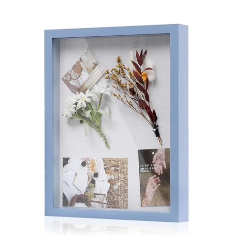Image of Muzilife 11x14 Shadow Box Picture Frame with Linen Board - Deep Wood & Glass Display Rustic Case Ready to Hang Memorabilia, Pins, Awards, Medals, Wedding, Tickets, and Photos, Blue