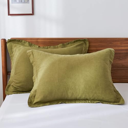 King Linens Fundas de almohada 100 % de lino francés, estilo básico, paquete de 2 unidades, lino natural lavado, suave, transpirable, color oliva, 20 x 26 pulgadas