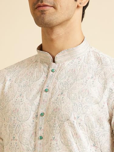 Image of Manyavar Men's Cotton Blend Floral Print & Chikankari Kurta Set (2pcs)