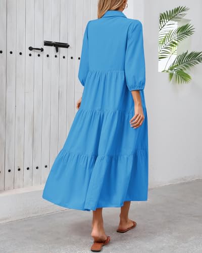 Image of Women Button Down Maxi Shirt Dress Long Sleeve Flowy Tiered Collared Dresses with Pockets