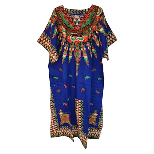 Robe longue en 100% coton pour femmes, style kaftan lâche et ample, imprimé africain dashiki, taille unique, pour la plage et les vêtements de plage d'été, bleu,...