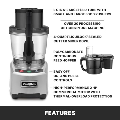 Waring Commercial WFP16SCD 4 Quart Continuous Feed Food Processor, 2 HP Motor, Extra Large Feed Tube, Patented LiquiLock Seal Bowl System, Includes 4 Quart Clear Cutter/Mixer Bowl, Dicing, Shredding, Slicing, Whipping Disc and a Standard S blade for Chopping, Pureeing, and Emulsyfying, 120V, 5-15 Phase Plug