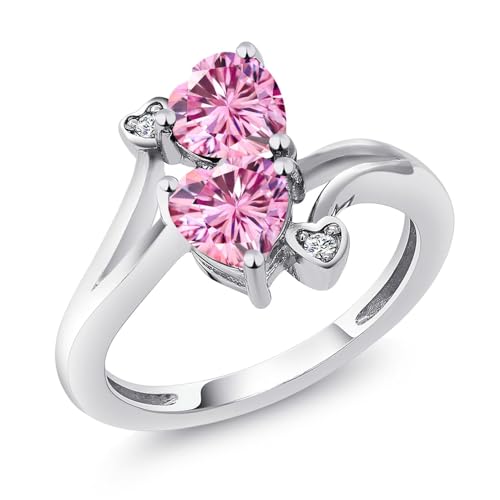 Gem Stone King 925 Sterling Silver Double Heart Promise Ring for Women | 6MM Gemstone Birthstone with 1.5MM White Diamond Accents | 2-Stone Fine Jewelry for Engagement Wedding Anniversary | Size 5-9