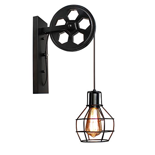 Vintage Applique Murale Industrielle Poulie Design Suspension Métal en forme Cage Noir Rétro E27 Lampe de Mur Loft Corde Ajustable