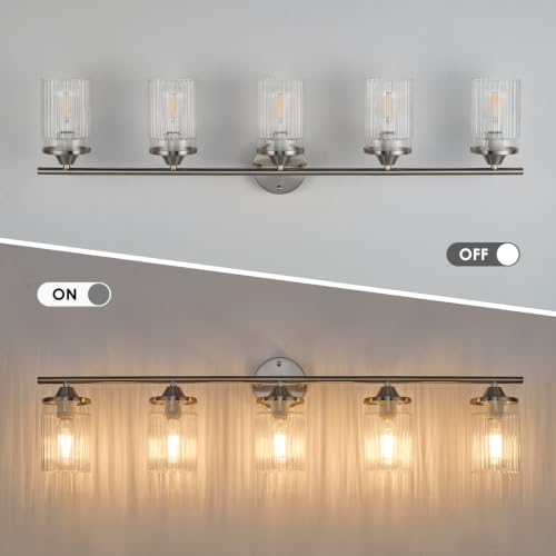Image of Jonsi Nickel Bathroom Light Fixtures 5-Light Vanity Lights Modern Wall Sconce with Clear Glass Shade Brushed Nickel Bathroom Light Fixture Over Mirror for Bedroom Hallway Kitchen