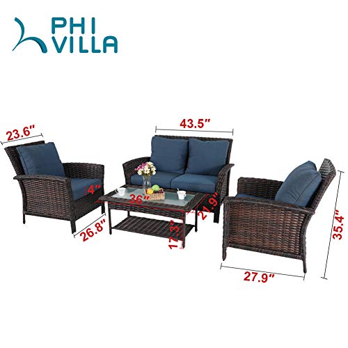 Phi Villa 4 Pcs Outdoor Patio Furniture Conversation Set Wicker Rattan Sofa Set With Coffee Table, Blue Padded Cushion For Garden, Lawn And Deck #TOP1