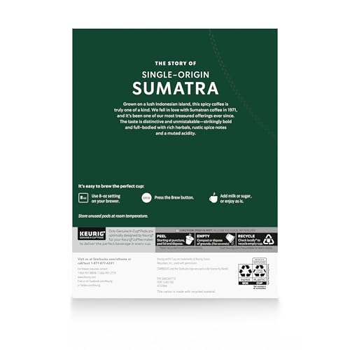 Starbucks K-Cup Coffee Pods, Dark Roast Coffee, Sumatra, 100% Arabica, 1 box (32 pods)