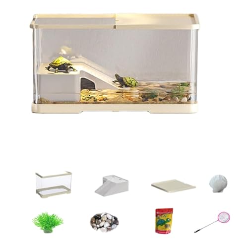 BHJWSA 亀の水槽 亀 飼育ケース タートルタンク ウミガメ水槽 大きくて広々としたメンテナンスが簡単なオープンタンク カバー付き 初心者に最適 適した種類両生類、陸亀、半水棲亀など (小型アップグレード版,ベージュ)