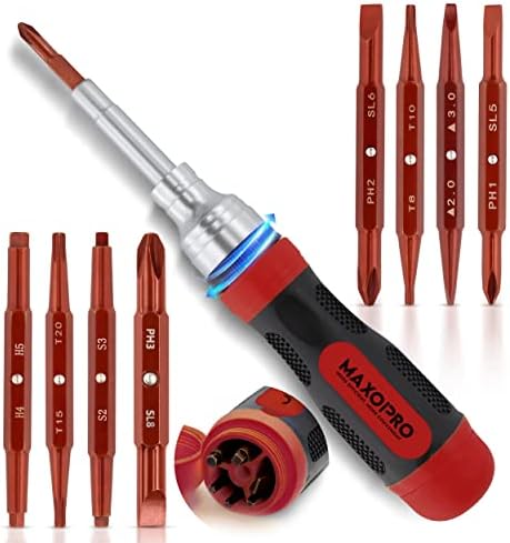 MaxoPro Ratcheting Multi Screwdriver with Magnetic Tips - 19 In 1 Ratchet Screwdriver Set - Portable and Multipurpose All In One Screwdriver, Phillips/Slotted/Torx-Star/Hex/Square Bits