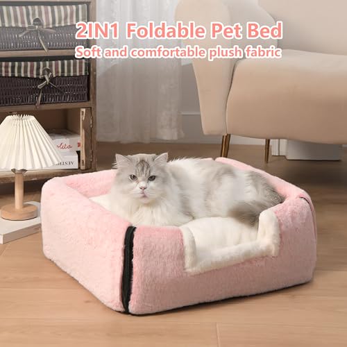 Image of Cat Bed for Indoor Cats,Foldable cat cave,Anti-Slip & Water-Resistant Bottom,cat Houses for Indoor Cats or Small Dogs, Kitten Tent, Rabbit Bed,2 in 1 pet Bed (Pink)