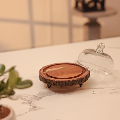 Image of Vriksha Acacia Wood Cake Stand with Glass Dome Lid | Serving Cake Stand, Dessert & Cupcake Display | Pastry Stand | Round Cake Holder