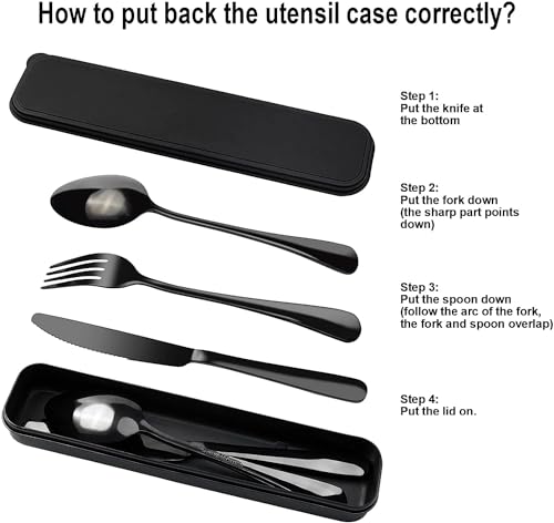 Image of Portable Utensils Set with Case - Reusable Stainless Steel Cutlery Set, Eco-Friendly 3-Piece Knife Fork Spoon Travel Set for Camping, Office, School, Picnic & Outdoor Use (Black)