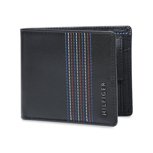Image of Tommy Hilfiger Men's Leather Wallet Pocos | Solid Black Bi-Fold with Global Coin Pocket, 4 Card Slots | Stylish Purse for Gents