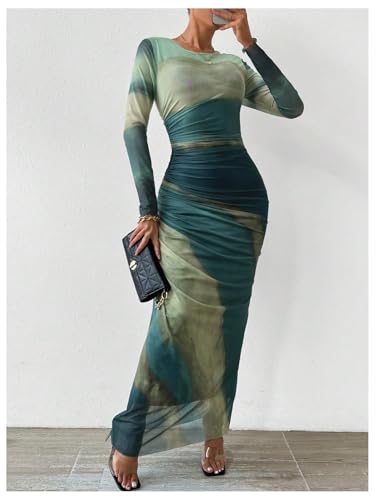 Image of Womens Long Sleeve Maxi Dress Mesh Bodycon Spring Fall Formal Wedding Guest | Tie Dye Ruched Night Out Cocktail Party Long Dresses