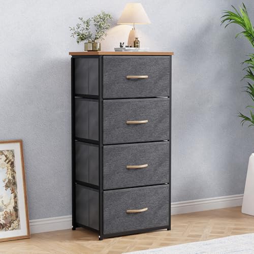 Image of Lukzer Fabric Chest of 4 Drawers Closet Drawer Organizer for Wardrobe | Fabric Drawer Storage for Closet Living Room /Bedroom Metal Storage Bookshelf Organizer (MMR-002 /Black & Oak Brown) - 45x30x93cm