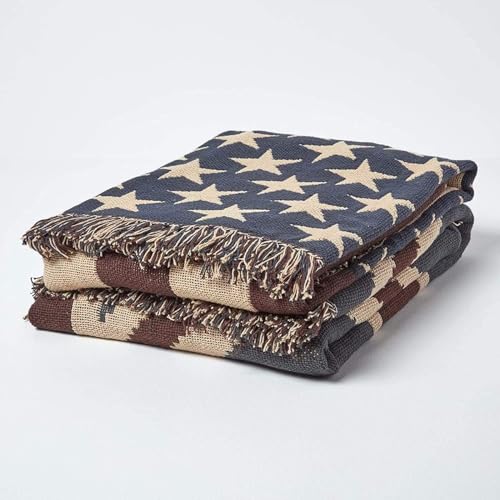 HOMESCAPES Union Jack Flag Throw Blanket, 100% Cotton, Breathable, Handwoven Throws For Sofas Large, United Kingdom Flag Blanket For Bed & Armchair - Navy blue, Red, and Beige, 150 x 200cm