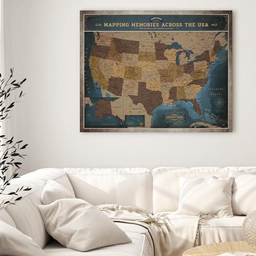 Image of DECORARTS - USA Push Pin Travel Map, Vintage Explorer-Style Canvas Wall Art in Blue, Archival Giclee Print, Hand-Stretched Canvas, Living Room & Office Wall Decor, for Travelers, Made in USA, 30x24''