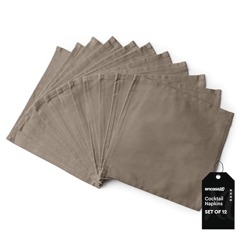 Image of Encasa XO Dining Cocktail Napkins 12 pcs (1 Dozen) Set of Large 23x23 cm (9 inchx9 inch) - Taupe - Absorbent Heavy Cotton Party Fabric Machine Washable for Home Restaurant Banquet & Hotel