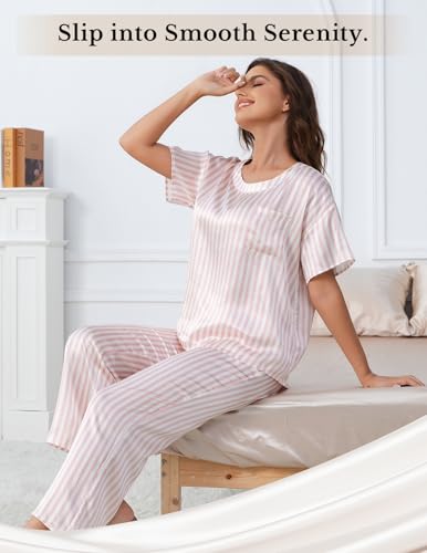 Image of THXSILK Mulberry Silk Womens Pajama Set with Pocket, 2 Piece Lounge Sets for Women, Short Sleeve Sleepwear
