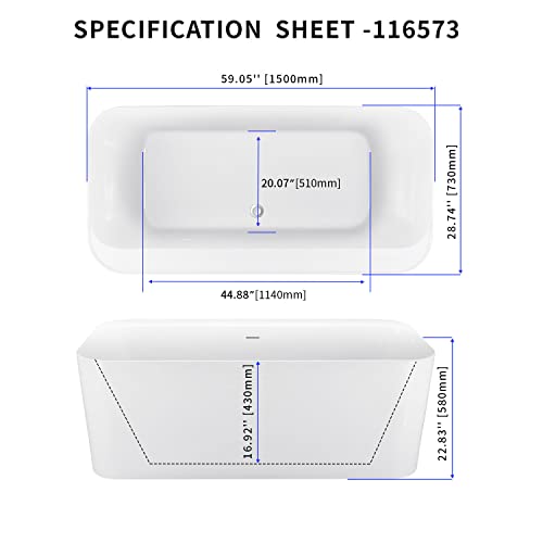 Mokleba 59" Lucite Acrylic Freestanding Bathtub, Rectangular Shape Contemporary Soaking Tub With Toe-Tap Chrome Drain, Slotted Overflow, Cupc Certified, Glossy White #TOP2