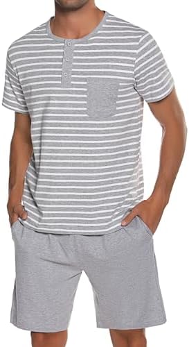 Leversic Schlafanzug Herren Kurz aus Baumwolle mit Kontraststreifen Design, Sommer Pyjama Set Oberteile und Kurze Hosen für Vater und Partner