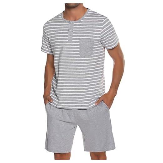 Leversic Verano Conjunto de Pijama Hombre Ropa de Dormir de Algodón Camisetas de Pijama a Rayas de Manga Corta y Pantalones Cortos para Dormir con Bolsillos, Gris, L