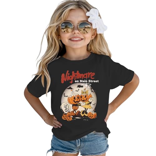Girls Halloween Shirt Nightmare on Main Street Pumpkin Bat Tshirt Spooky Season Short Sleeve Tops Kids Fall Outfits