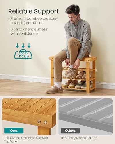Image of SONGMICS Shoe Rack Bench, 4 Tier Bamboo Shoe Storage Organizer, Entryway Bench, for Living Room, Bathroom, Bedroom, 11.3 x 27.6 x 20.5 Inches, Light Bamboo ULBS370YL01