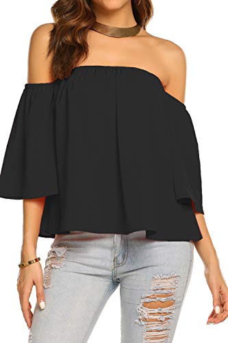 Bluetime Women Summer Off Shoulder Chiffon Blouse Ruffles Short Sleeves Tops Casual T Shirt2