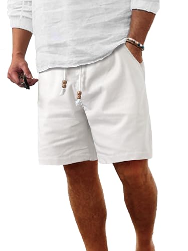 Comdecevis Men's Casual Linen Shorts Elastic Waist Drawstring Summer Beach Shorts White Large