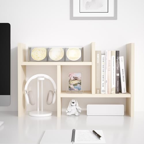 Image of Jerry & Maggie Desktop Organizer Office Storage Rack Adjustable Wood Display Shelf Free Style Double H, Multi-Functional Mini Bookshelf for Desk Natural Stand (White Wood Tone /2 Pack)