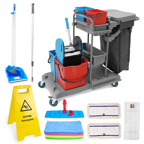 Hypafol Profi Putzwagen mit 100l Leinensack I Praktisches Reinigungsset mit 2x18l & 2x5l Eimern I Stabile Mopp-Presse & Halterung für Besen & Lappen I Set mit 3 x 50 cm Wischmopp & 12 x Mikrofasertuch