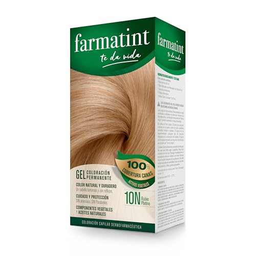 Farmatint Gel 10N Rubio Platino | Color natural y duradero | Componentes vegetales y aceites naturales | Sin amoníaco | Sin Parabenos | Dermatológicamente testado, 135ml