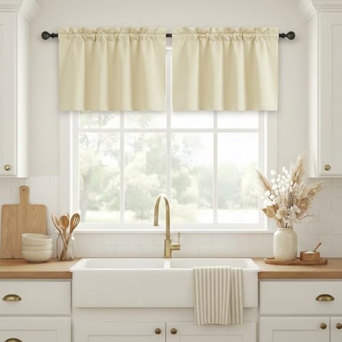 NICETOWN 24 Inch Light Beige Small Window Curtains - Farmhouse Style Blackout Room Darkening Curtain Tiers with Rod Pocket,Thermal Insulated Window Co