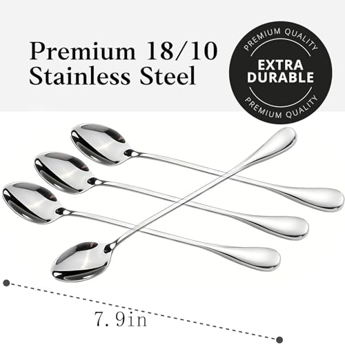 Image of Long Handle Iced Tea Spoons, 7.9 inch 18 /10 Stainless Steel Cocktail Stirring Spoons with Thickened Ergonomic Handle, Tall Coffee & Latte Stirrers, Dessert Spoon Set, Dishwasher Safe 8-Piece (Pack of 2)