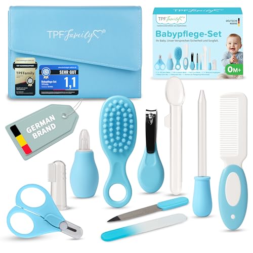 TPFFamily Set Cuidado Bebé – en azul – Kit bebe recien nacido con tijeras, aspirador nasal y cepillo – Kit higiene bebepara rutina diaria y básicos de aseo para recién nacidos.