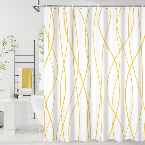 GCIREC Duschvorhang, 180x180cm, Hellgelb Moderner Minimalismus Gestreifte Wellenlinie Wasserdichter Stoff Maschinenwaschbarer Badezimmervorhang mit Haken