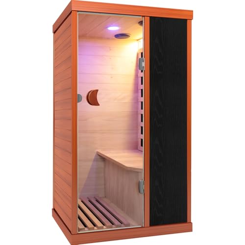 Image of OUTEXER 1 Person Sauna Far Infrared Sauna 1200W Indoor Home Sauna Low EMF 110V with Control Panel 7 Color Light 28.7 * 35.2 * 61.4 inch